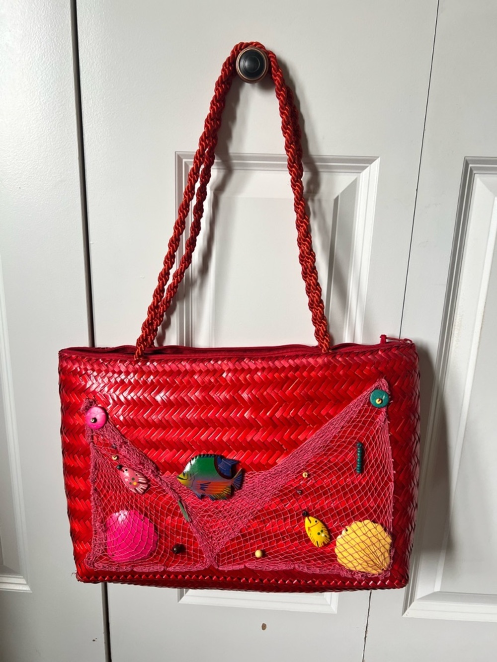 Vintage Red Woven Tote Bag with Decorative Fish and Shell Accents by Oggi Domani - Picture 14 of 14